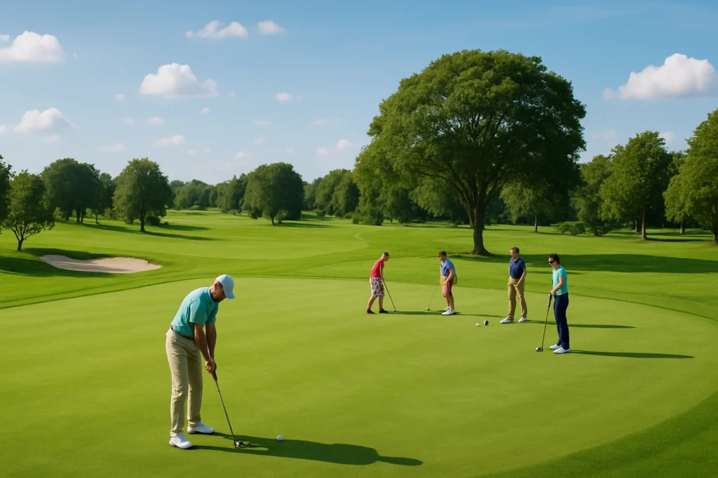 mot san golf tuoi dep voi nguoi choi dang luyen tap