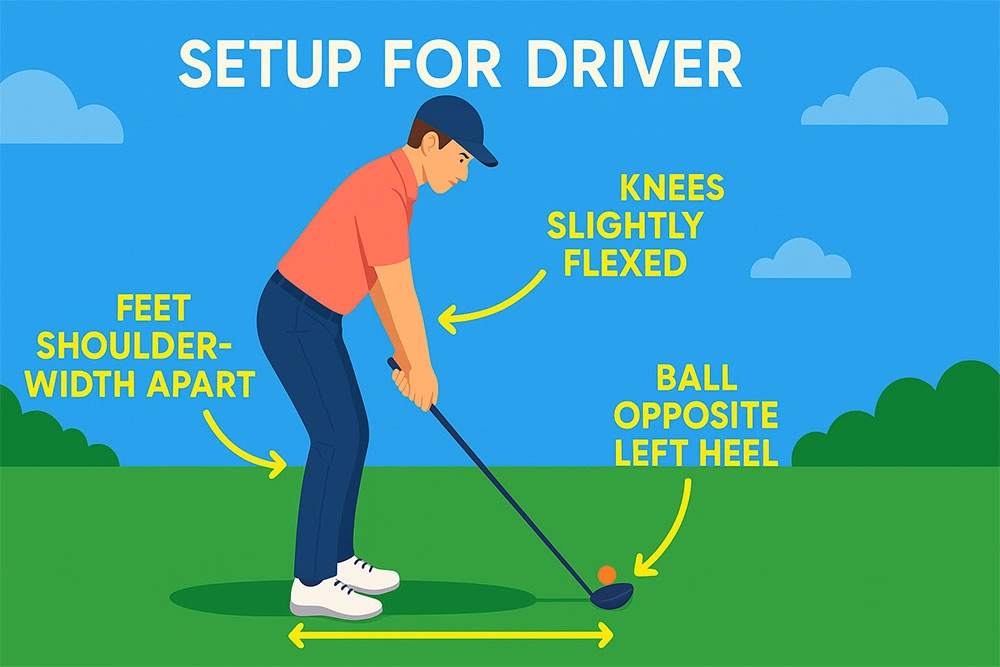 Tu the chuan bi danh driver trong golf voi huong dan dat chan, khuyu goi va vi tri bong